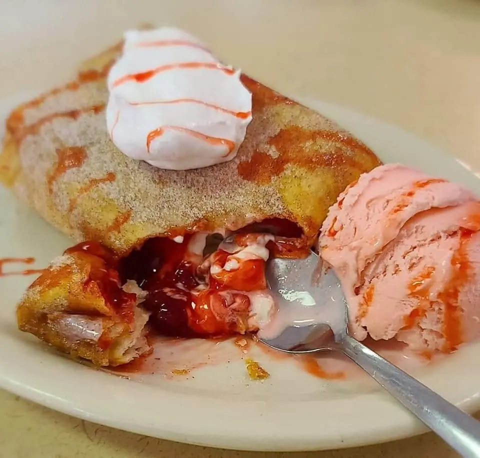 Strawberry cheesecake deep-fried chimi with ice cream